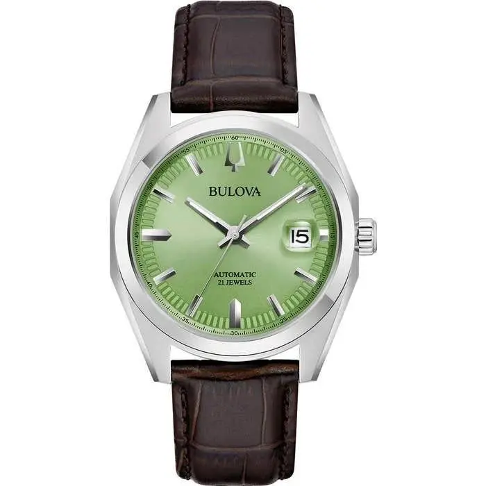 Surveyor Automatic Green Dial Brown Leather Strap Men`s Watch 96B427 by Bulova