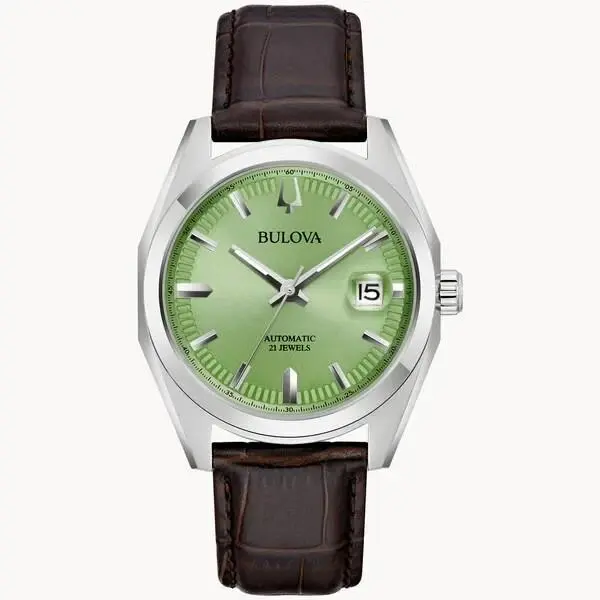 Bulova Surveyor Green Dial Brown Leather Band Men`s Watch 96B427