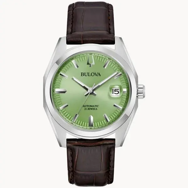 Surveyor Green Dial Brown Leather Band Men`s Watch 96B427 by Bulova