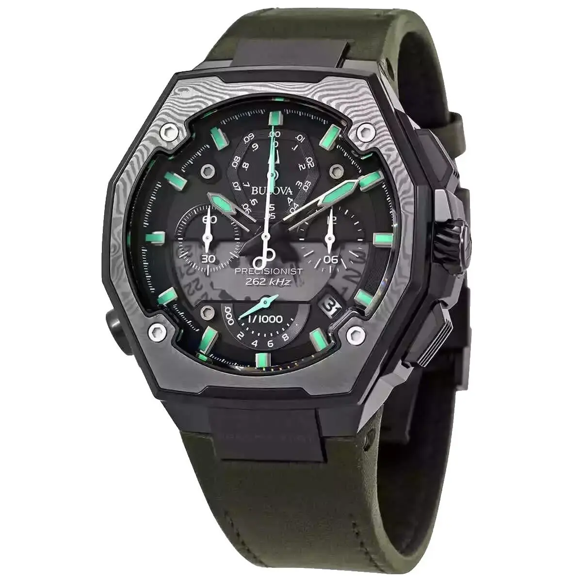 Precisionist Chronograph 98B355 Black Dial Green Leather Strap Mens Watch by Bulova