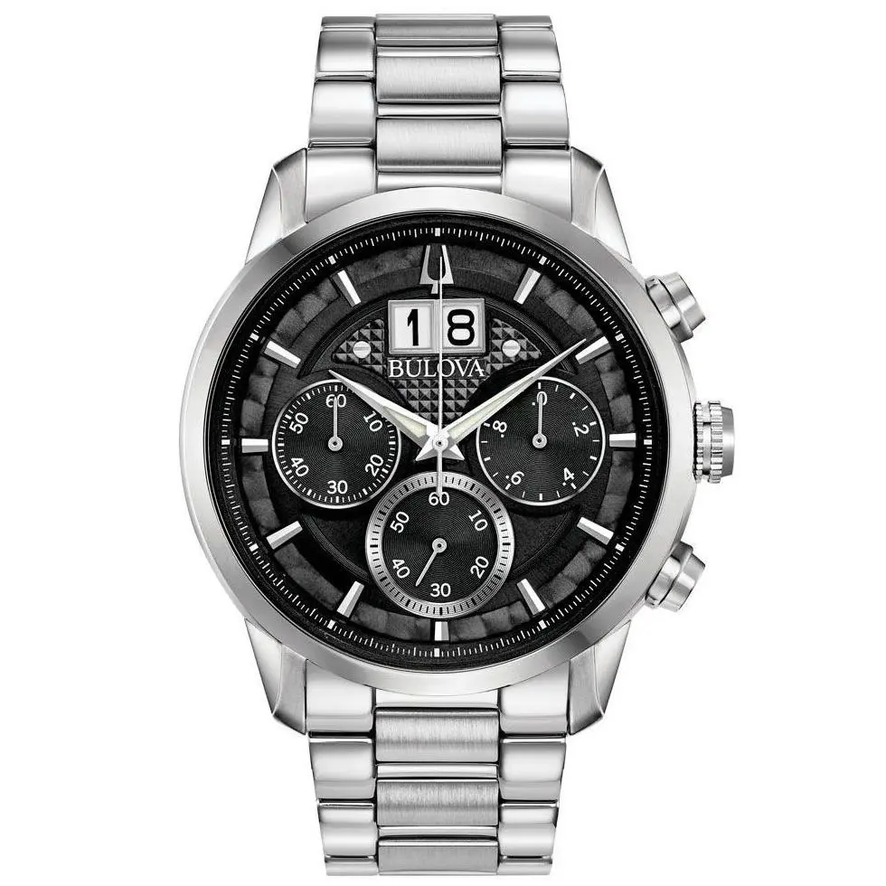 Bulova Sutton Black Dial Men Chronograph Silver Tone Stainless Steel 44mm 96B319 - Dial: Black, Band: Silver, Bezel: Silver