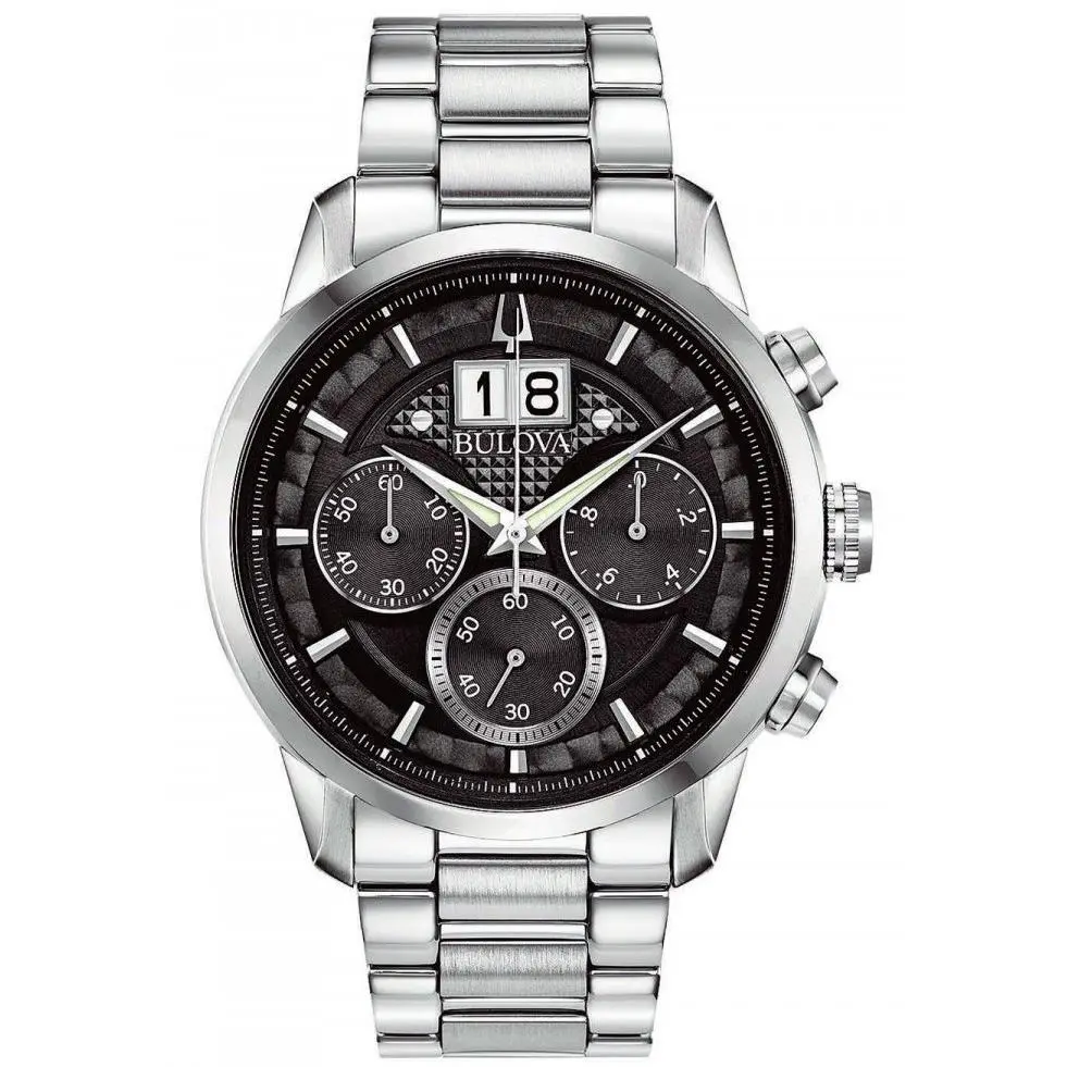 Bulova Sutton Stainless Steel Black Dial Men`s Chronograph Watch 96B319