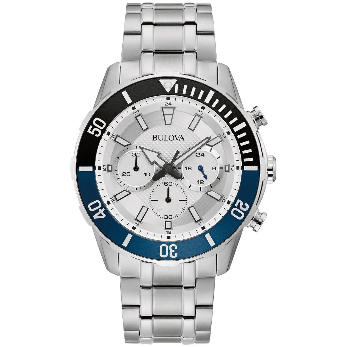 Men`s Classic Chronograph Quartz Silver Stainless Steel Watch 44MM 98A257 by Bulova