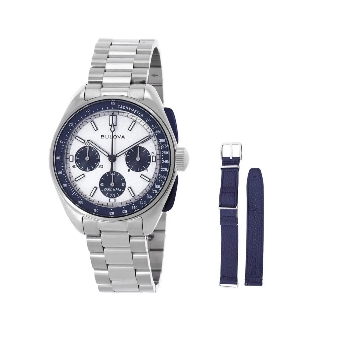 Bulova Lunar Pilot Archive Chronograph Quartz Silver Dial Men`s Watch 98K112 - Dial: Blue, Silver, Band: Silver, Bezel: Blue
