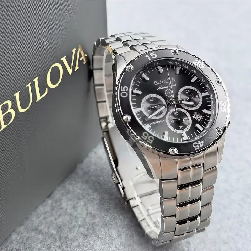Bulova Marine Star 98B401 Men`s Chronograph Quartz Black Dial Watch 41.5mm