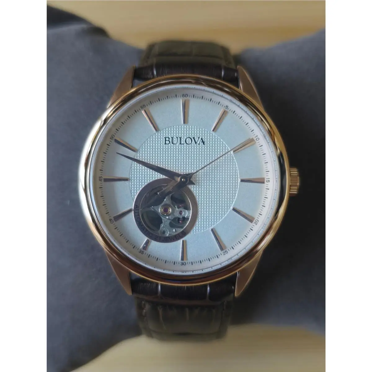 Bulova Automatic Men`s Watch Rose Gold Tone Leather Band 97A133