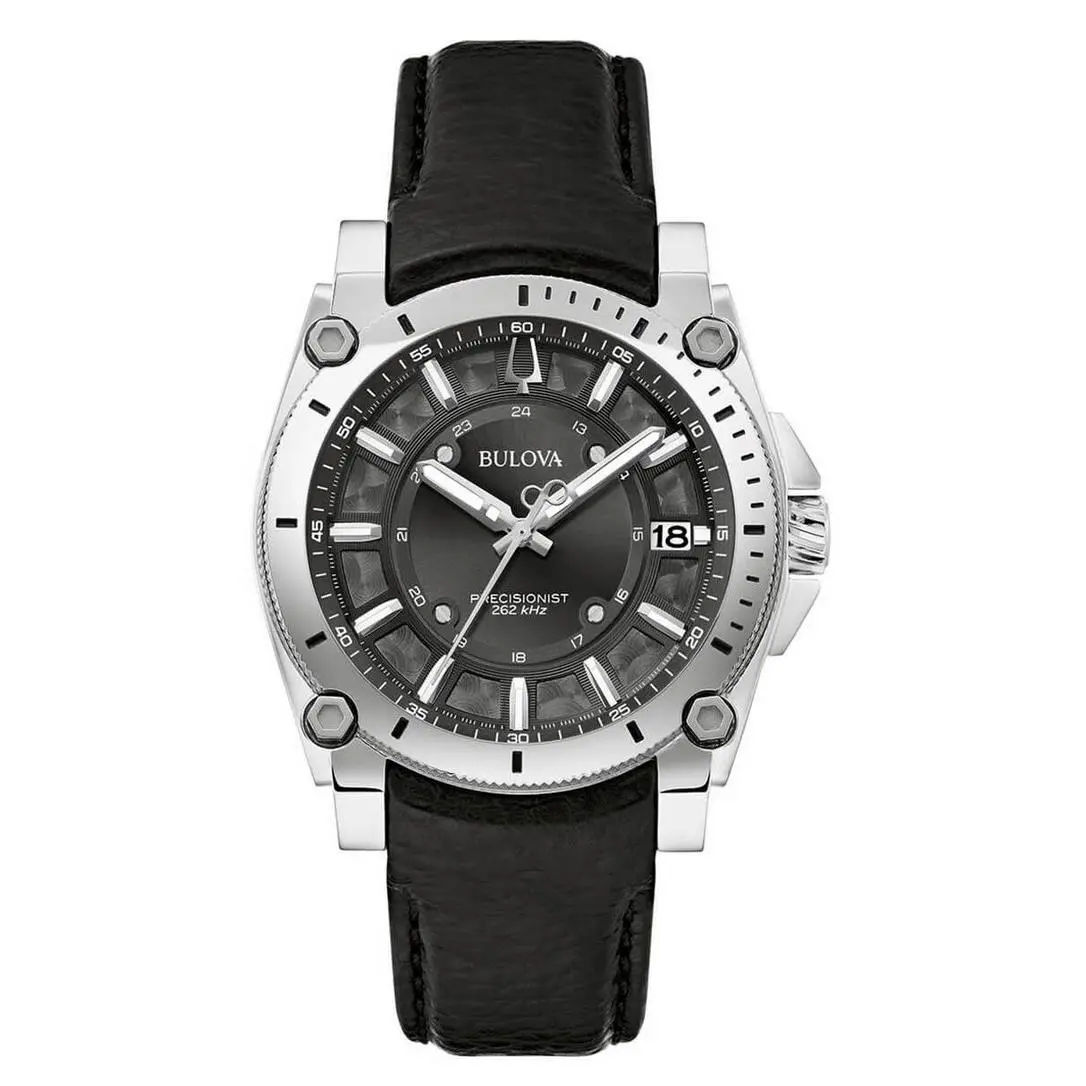 Precisionist Sapphire Crystal Black Dial Leather Band Men`s Watch 96B416 by Bulova