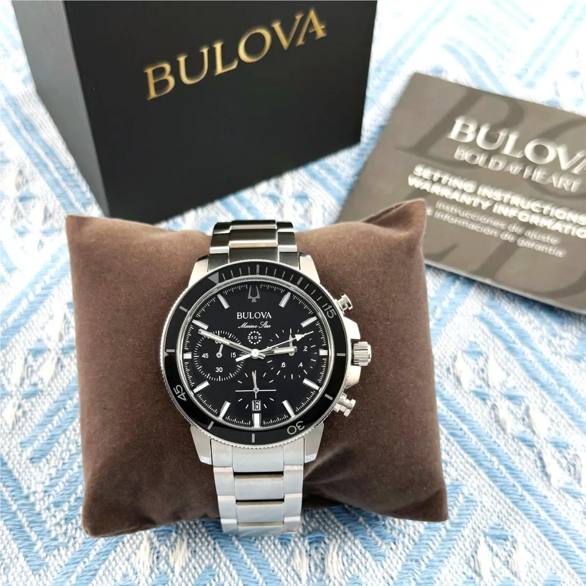 Marine Star Chronograph Silvertone Men`s Watch Black Dial 45mm/96B272 by Bulova