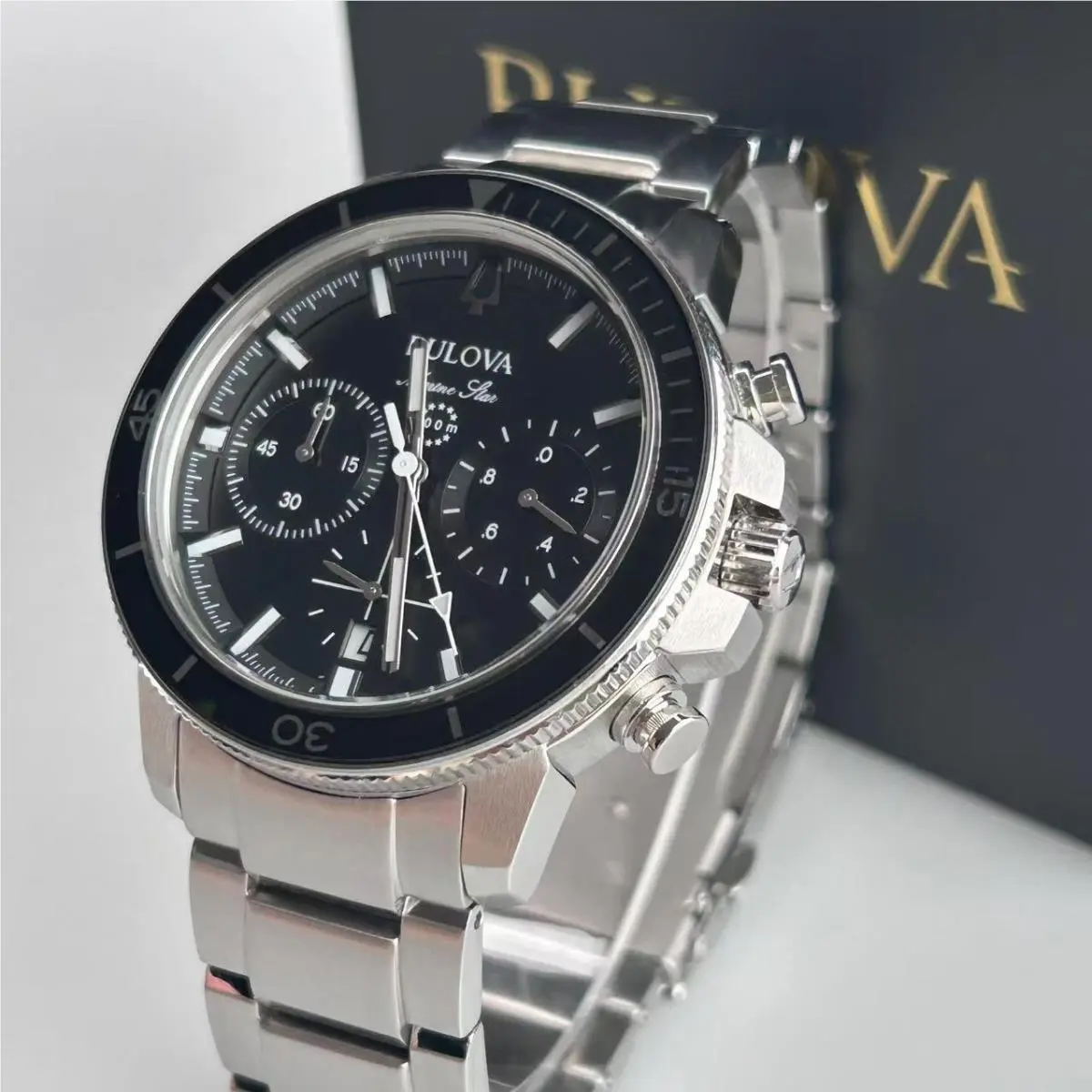 Bulova Marine Star Black Dial Stainless Steel Men`s Quartz Watch 96B272 45mm