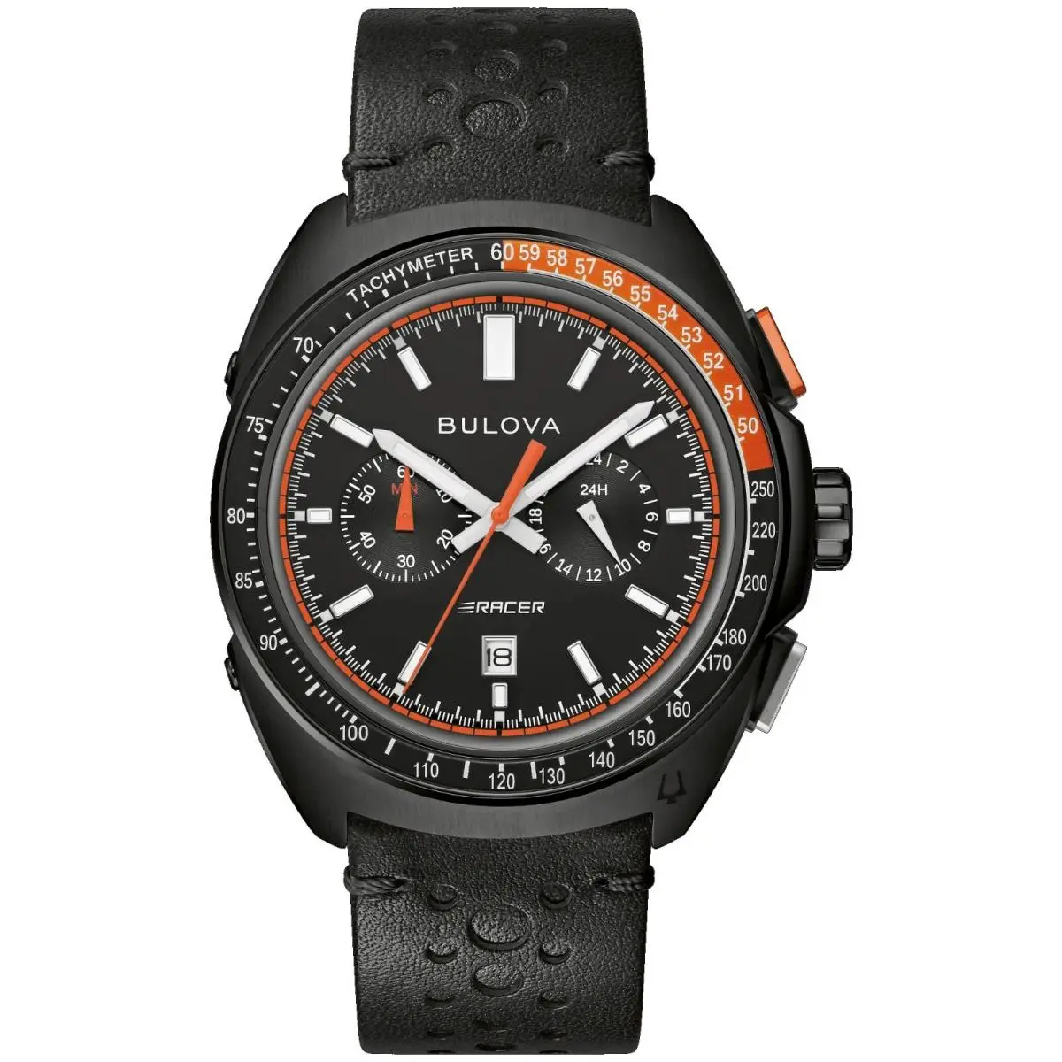 Bulova 98B428 Men`s Racer Black IP Leather Band Black Dial Chronograph Watch