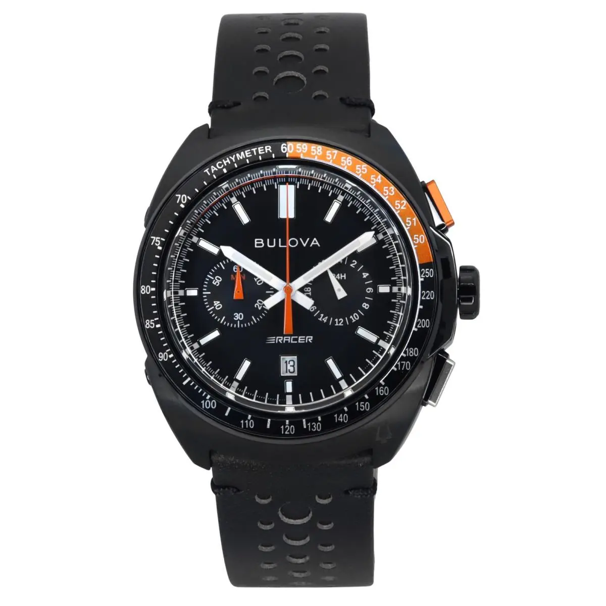 Bulova Racer Chronograph Leather Strap Black Dial Quartz 98B428 100M Men`s Watch