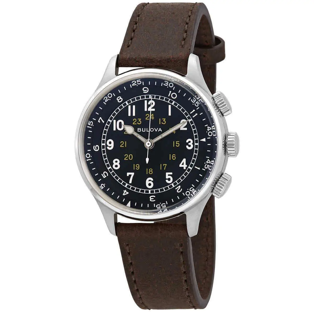 Bulova A-15 Pilot Automatic Black Dial Leather Strap Dress 96A245 Men`s Watch - Dial: Black, Band: Brown, Bezel: No Bezel