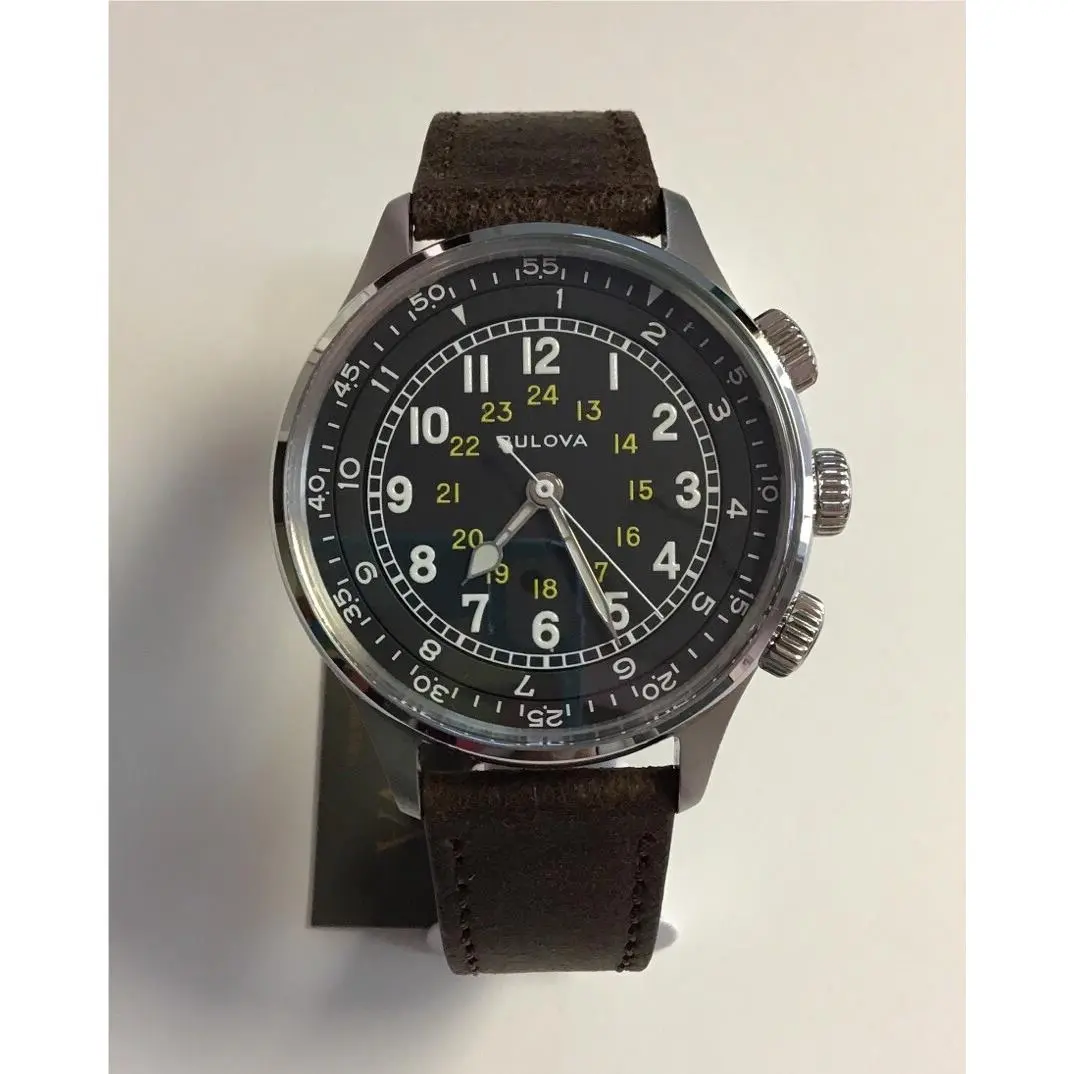 Bulova Men`s A-15 Pilot Military Brown Leather Strap Nato Automatic Watch 96A245 - Dial: Black, Band: Brown