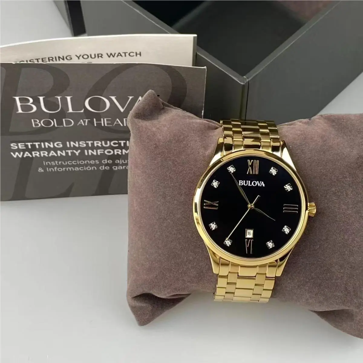 Bulova 97D108 Diamond Black Dial Gold Bracelet Men`s Quartz Watch 40mm