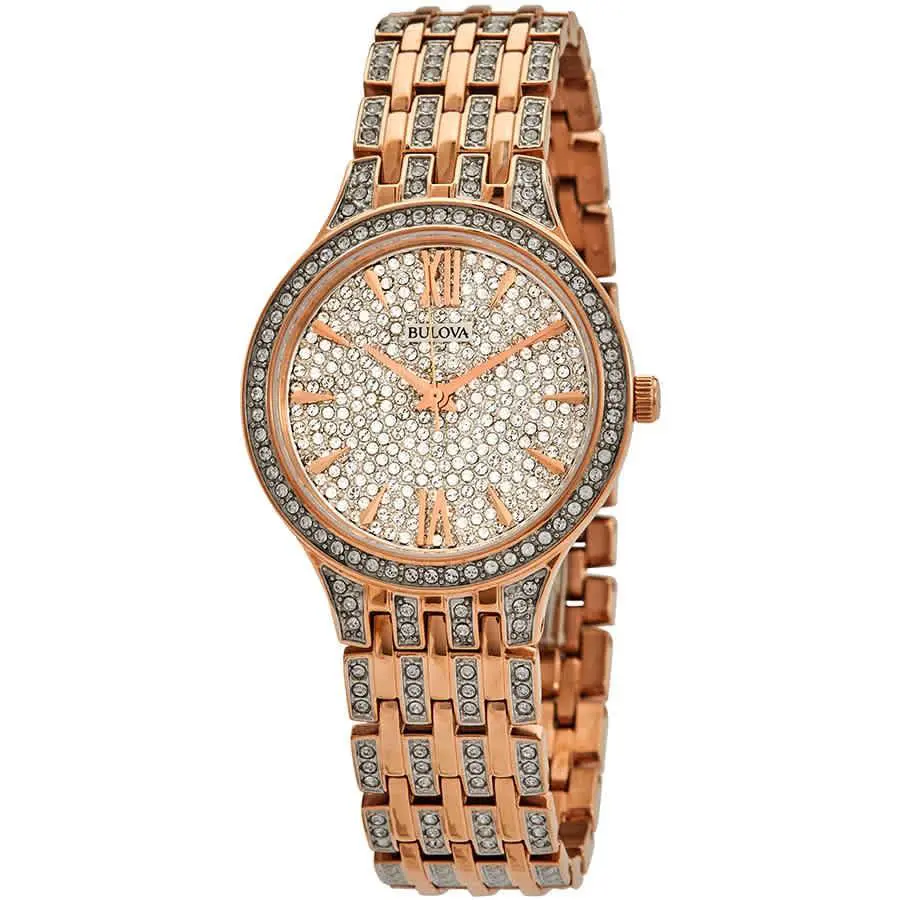 Bulova Phantom Quartz Crystal Embellished Ladies Watch 98L235 - Dial: White, Band: Pink, Bezel: Pink