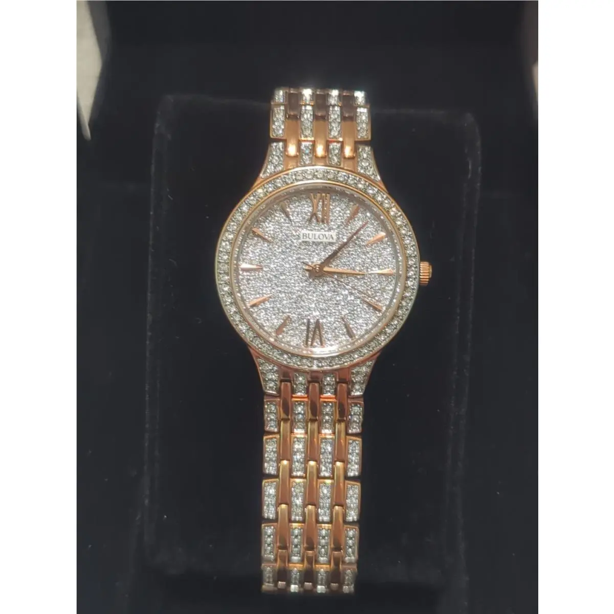 Bulova Phantom Women`s Rose Gold Stainless Steel Crystal Quartz Watch 98L235 - Dial: White, Band: Pink, Bezel: Pink