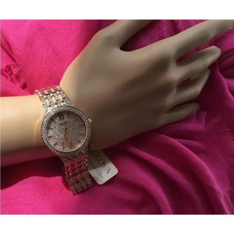 Bulova Swarovski Crystalized Rose Gold Tone Women’s Watch 32 MM - Dial: crystalized dial, Band: rose gold tone with crystals, Bezel: rose gold tone