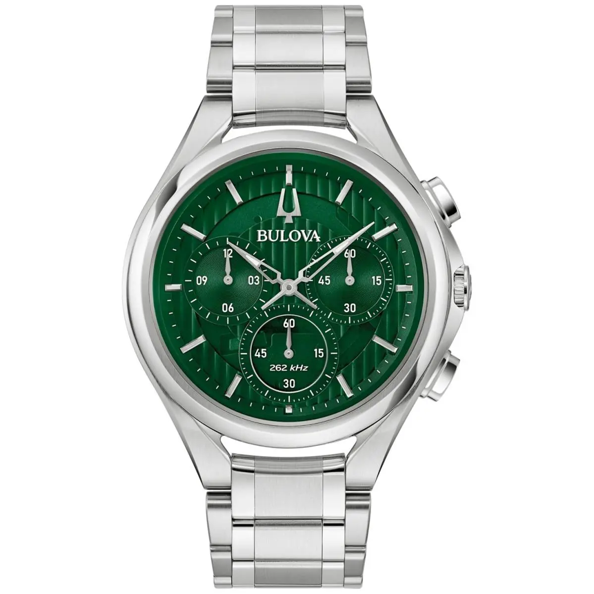 Bulova Curv Chronograph Quartz Green Dial Men`s Watch 96A297 - Dial: Green, Band: Silver, Bezel: Silver