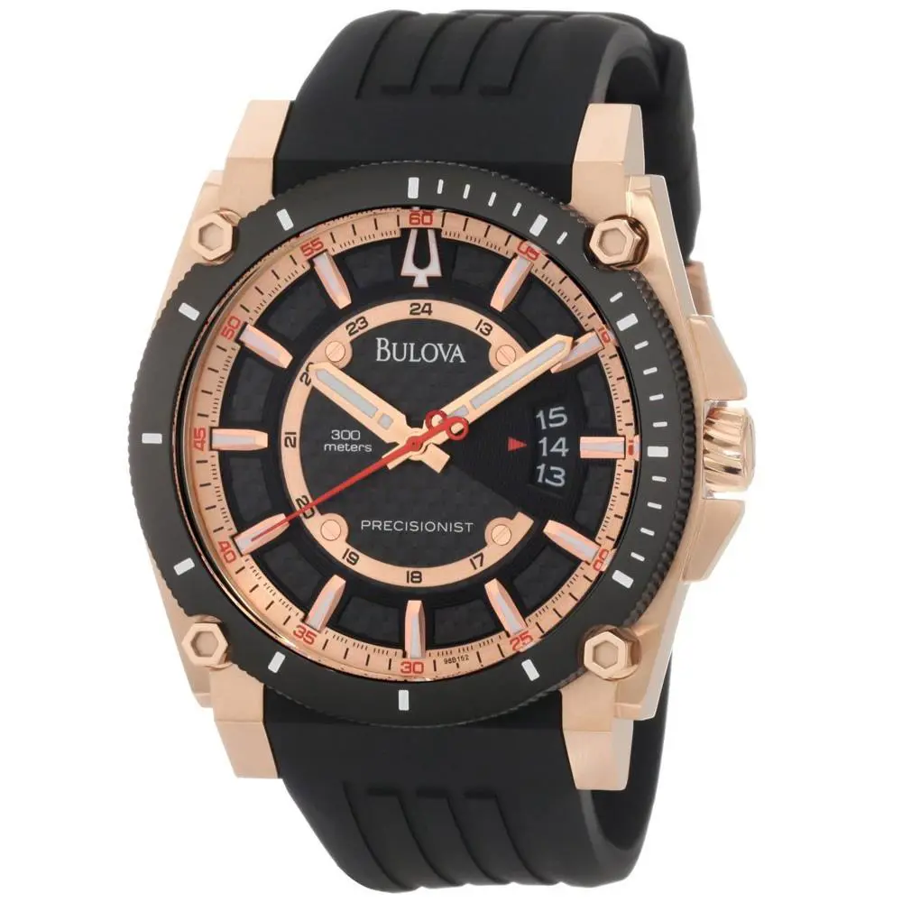 Bulova Precisionist Icon Rose Gold Black Dial Polyurethane Men`s Watch 98B152 - Dial: Black, Rose Gold, Band: Black, Bezel: Black
