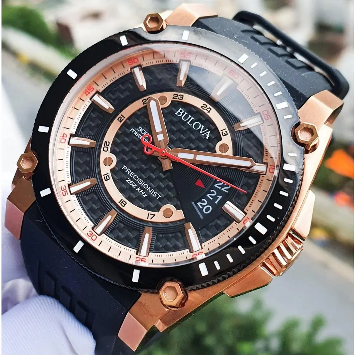 Bulova Precisionist Icon Rose Gold Black Dial Polyurethane Men`s Watch 98B152 - Dial: Black, Rose Gold, Band: Black, Bezel: Black