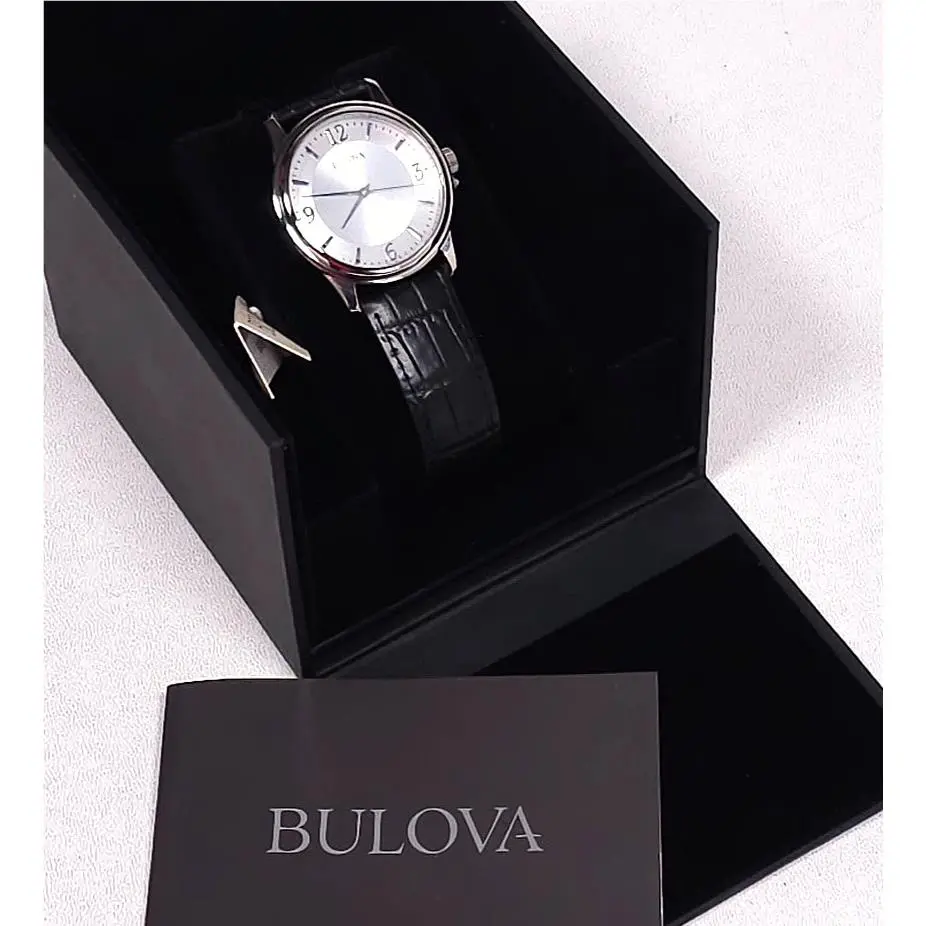 Men`s Silver Dial Black Leather Quartz Wristwatch Water-resistant Box by Bulova