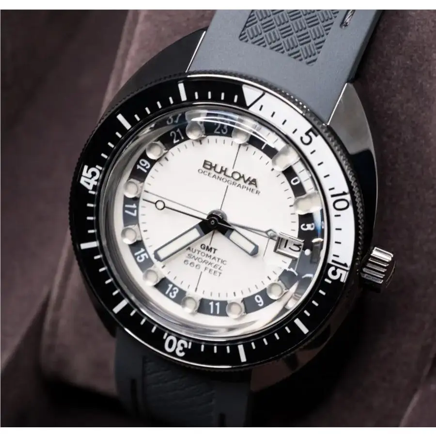 Bulova Oceanographer 98B407 Automatic Gmt Gray White Dial Sapphire Men`s Watch - Dial: White, Band: Gray