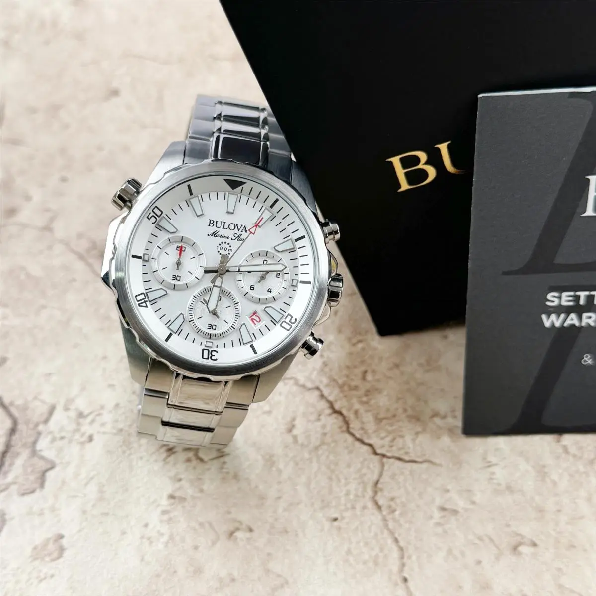 Bulova Marine Star Classic White Dial Chronograph Men`s Quartz Watch 96B255