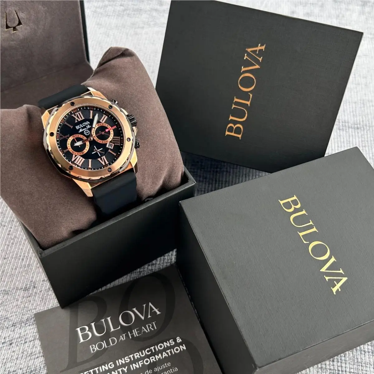 Men`s Marine Star 98B104 Rose Gold Black Dial Silicone Strap Quartz Watch by Bulova