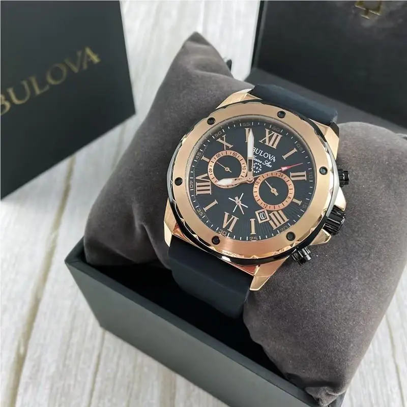 Marine Star 98B104 Men Rose Gold Dial Black Rubber Chronograph Watch 44mm by Bulova