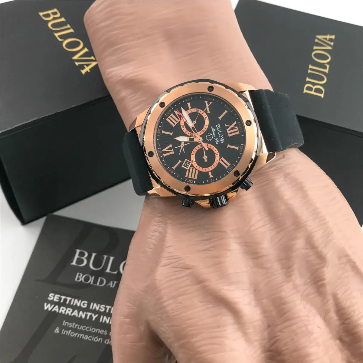 Bulova Marine Star 98B104 Black Dial Silicone Strap Chronograph Men`s Watch 44mm