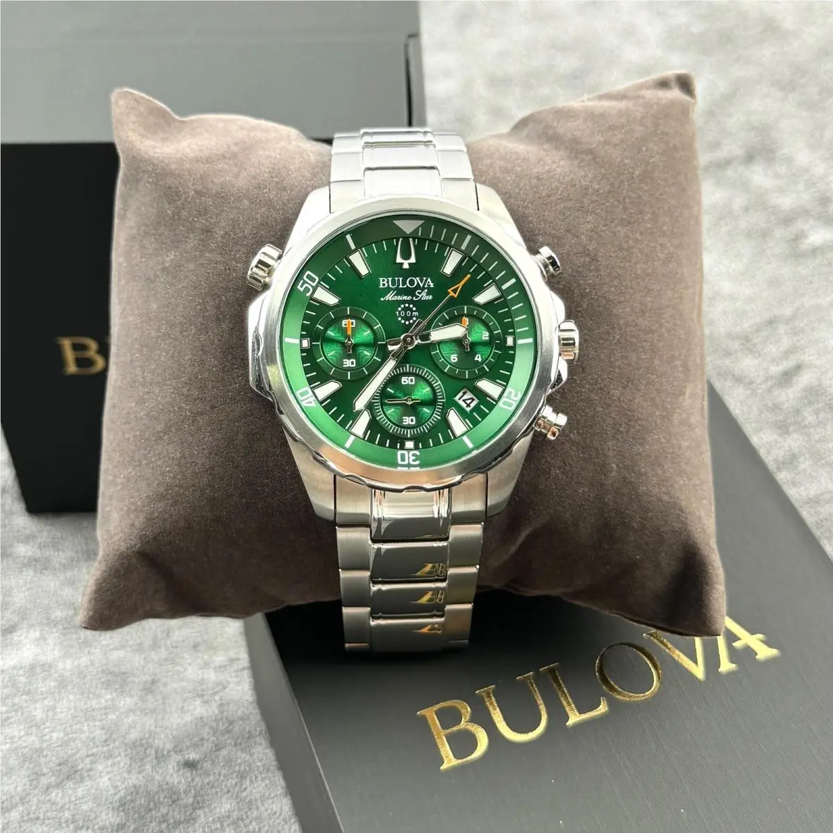 Bulova Men`s Marine Star Green Dial Chronograph Watch 96B396 43mm