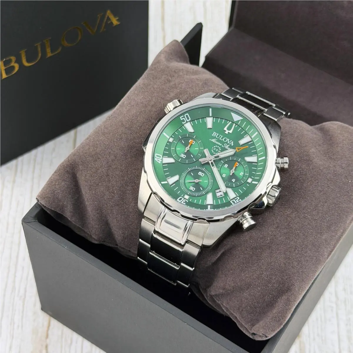 Bulova Marine Star Green Dial Men 96B396 Quartz Chronograph Watch 43mm