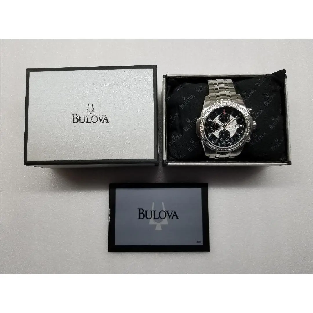 Bulova Chronograph 20 Diamonds Black Dial Date St.steel Men`s Watch 96E108
