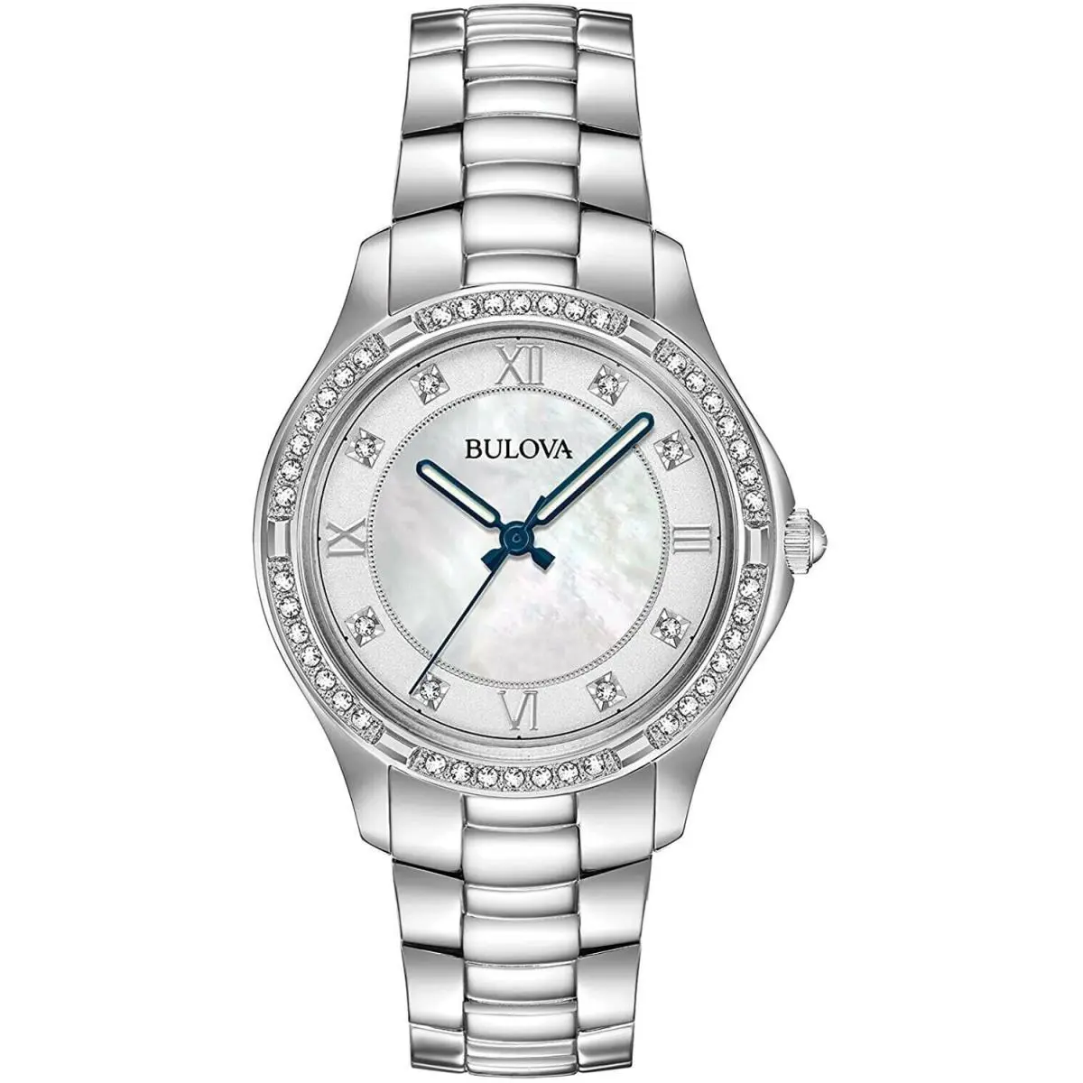 Bulova 96L265 Silver Tone White Mother of Pearl Dial Crystal Accent Womens Watch - Face: White Mother of Pearl, Dial: White Mother of Pearl, Band: Silver