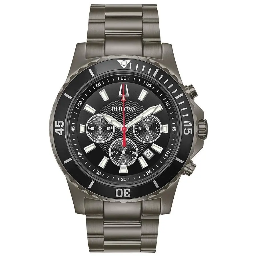 Bulova Men`s Chronograph Quartz Calendar Black Stainless Steel Watch 44MM 98B337