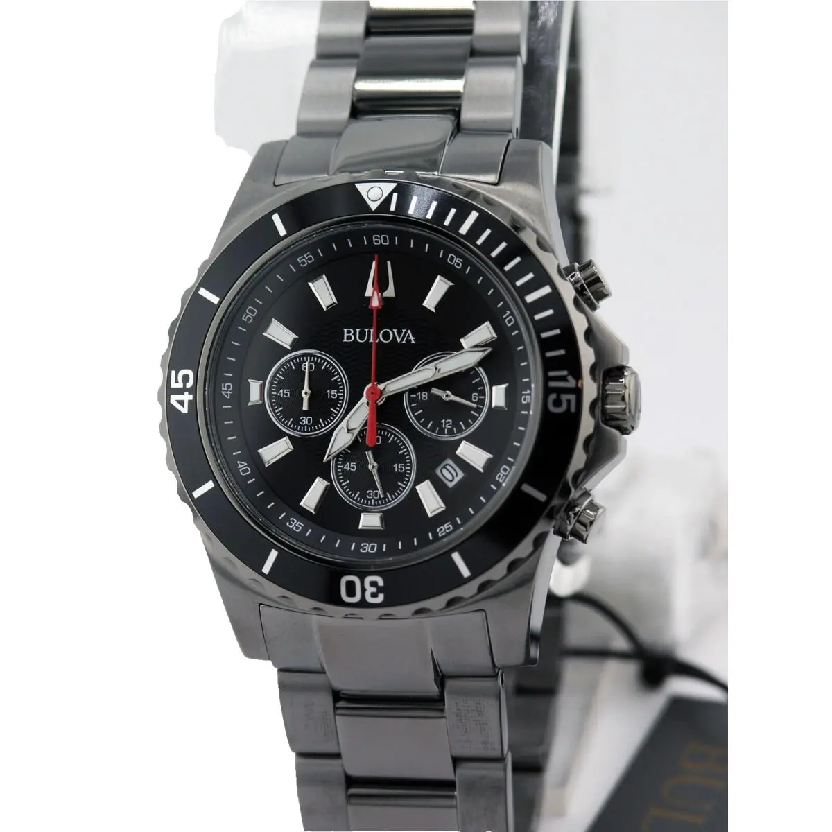 Bulova 98B337 Classic Sport Black Chronograph Quartz Gunmetal Steel Watch - Dial: Black, Band: GUNMETAL, Bezel: Black