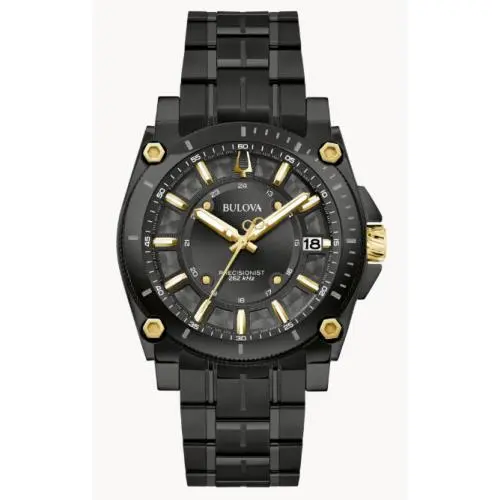Bulova 98B408 Icon Precisionist Men`s Quartz Watch Black Dial 40 mm - Dial: Black, Band: Black, Bezel: Gold
