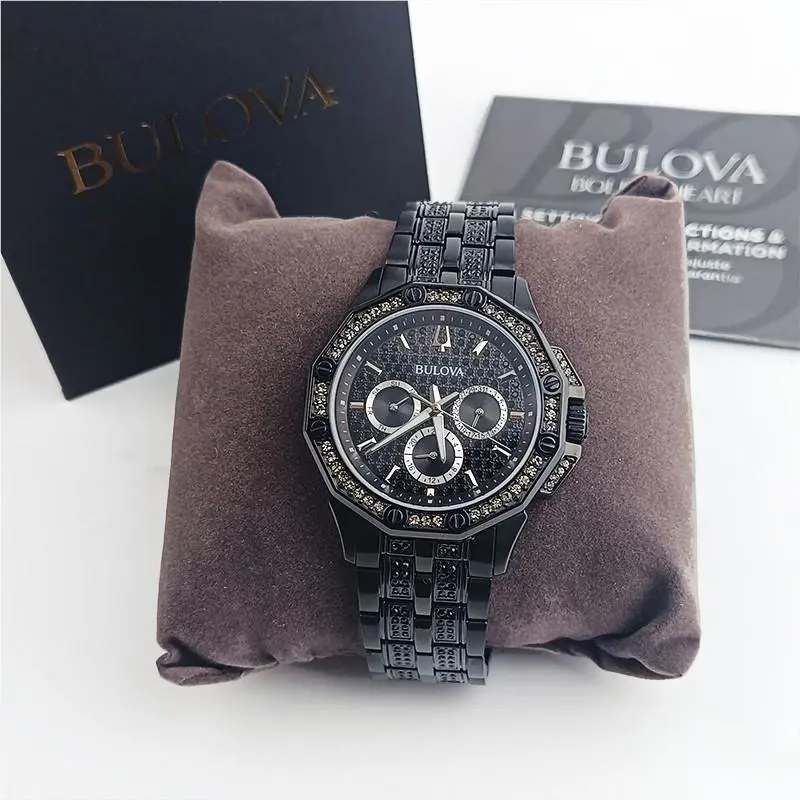 Bulova Black 98C134 Quartz Octava Crystal Men`s Chronograph Watch 41.5mm - Dial: Black, Band: Black, Bezel: Black