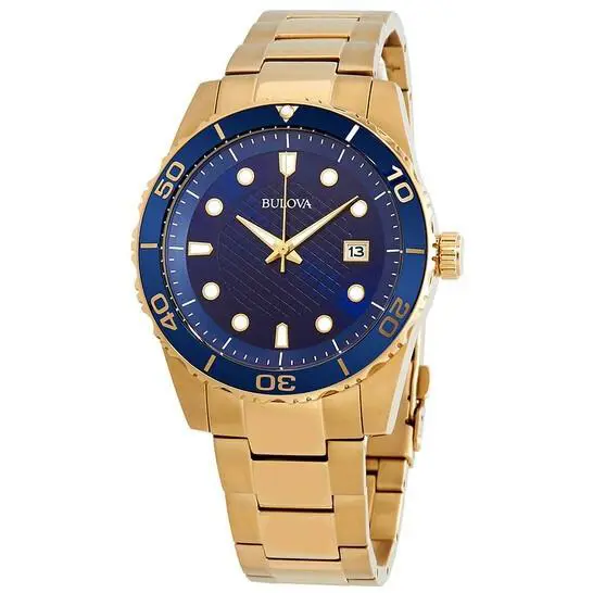 Bulova Sport Blue Dial Yellow Gold-tone Men`s Watch 98B377 - Dial: Blue, Band: Blue, Gold, Bezel: Blue, Gold