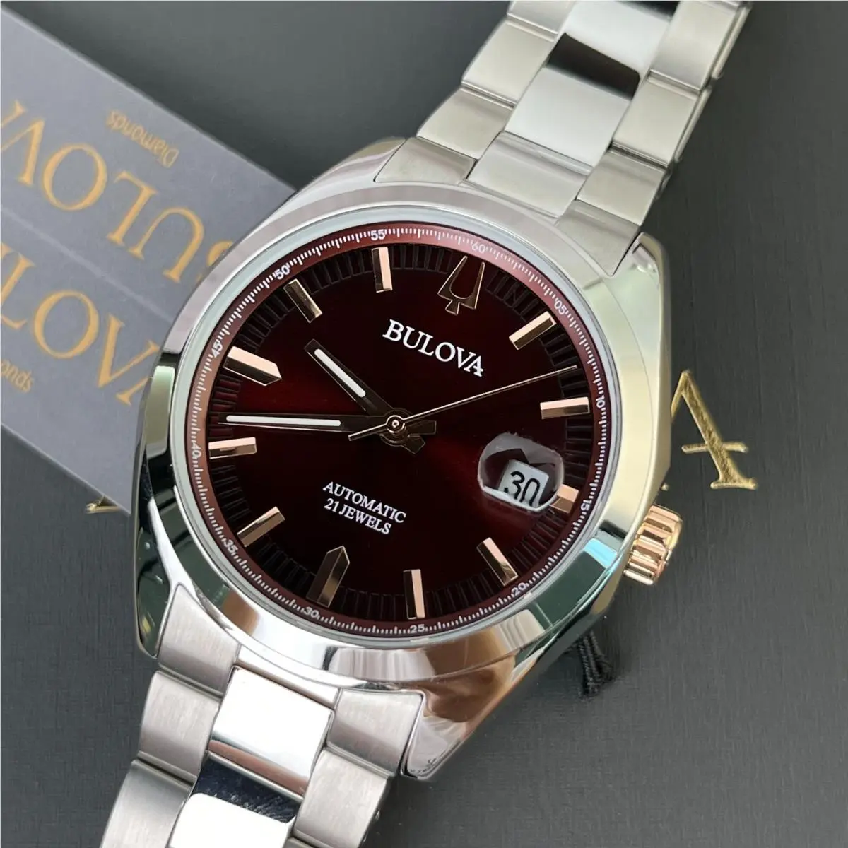 Bulova Surveyor 98B422 Automatic 39mm Red Dial Stainless Steel Men`s Watch