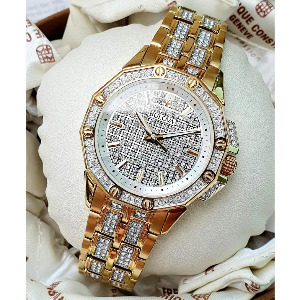 Bulova Octava Crystal Dual Tone Pave Crystal Women`s Watch 98L302 - Dial: Silver, Gold, Band: Gold, Silver, Bezel: Gold, Silver