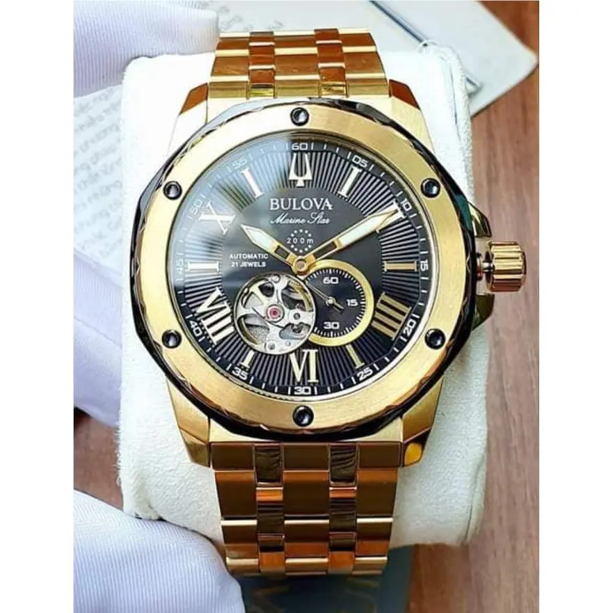 Bulova Marine Star Automatic Gold Tone Black Dial Men’s Watch 98A273 - Dial: Black, Band: Gold, Bezel: Gold, Black