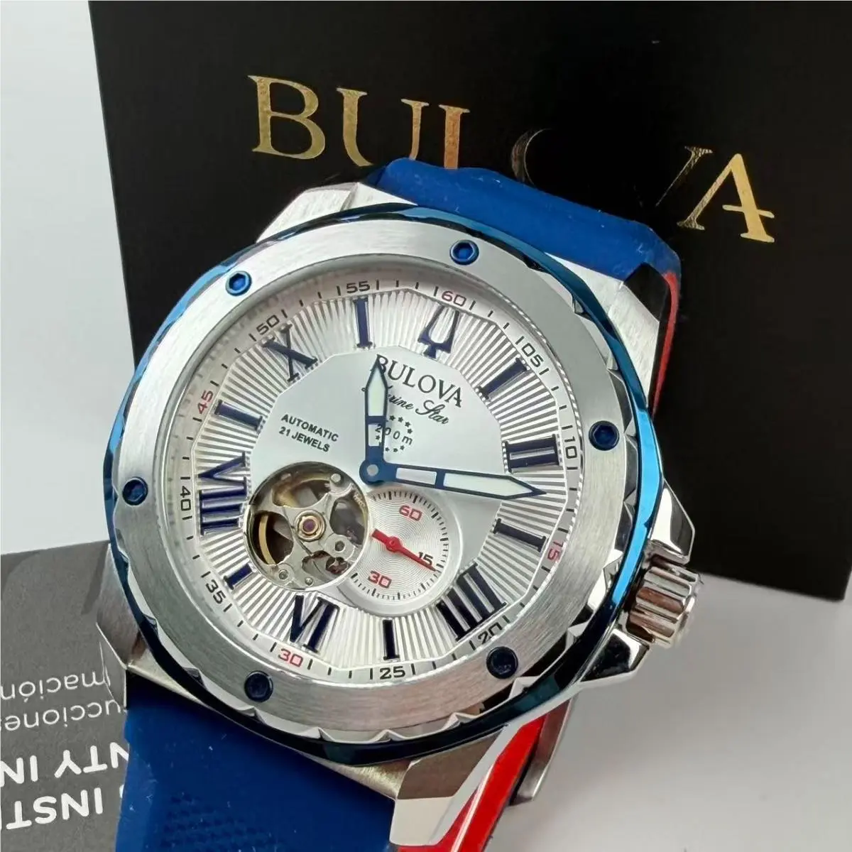 Marine Star 98A225 Silver-tone Dial Silicone Strap Men`s Automatic Watch by Bulova