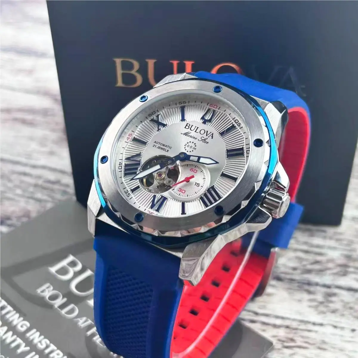Marine Star 98A225 Men`s Automatic Watch White Dial Blue Rubber Strap by Bulova