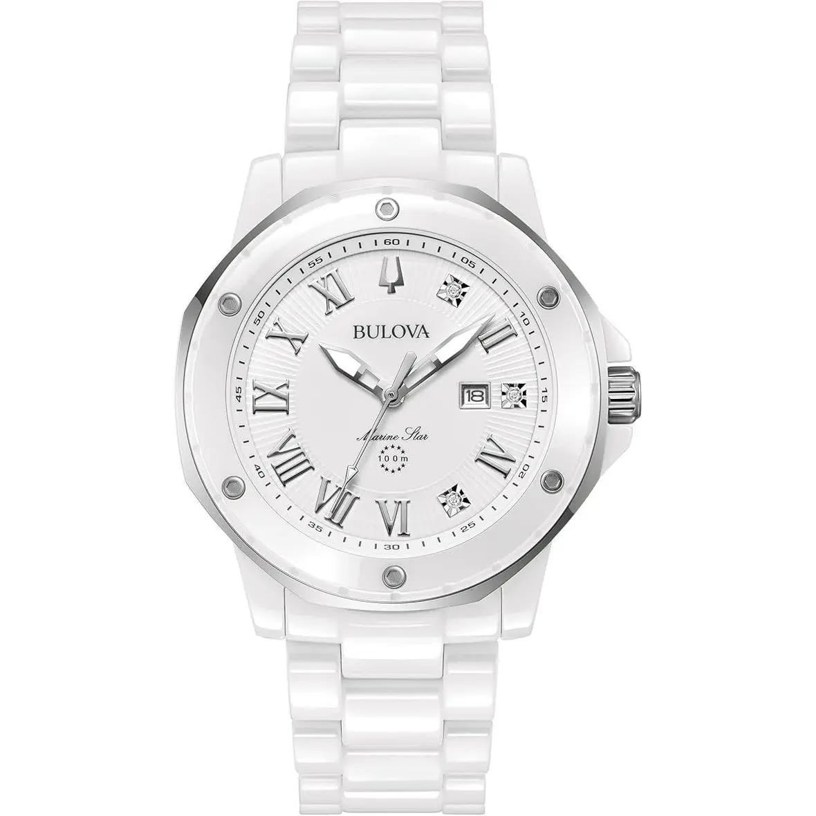 Bulova Ladies Marine Star Marc Anthony Quartz Ceramic White Watch 36MM 98P222 - Dial: White, Band: White