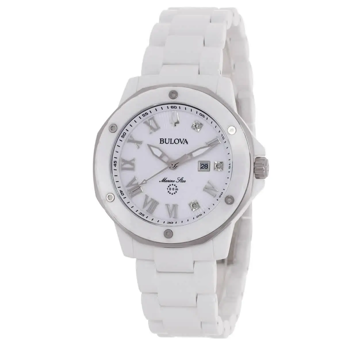Bulova Marc Anthony Marine Star Quartz Diamond White Dial Ladies Watch 98P222 - Dial: White, Band: White, Bezel: White
