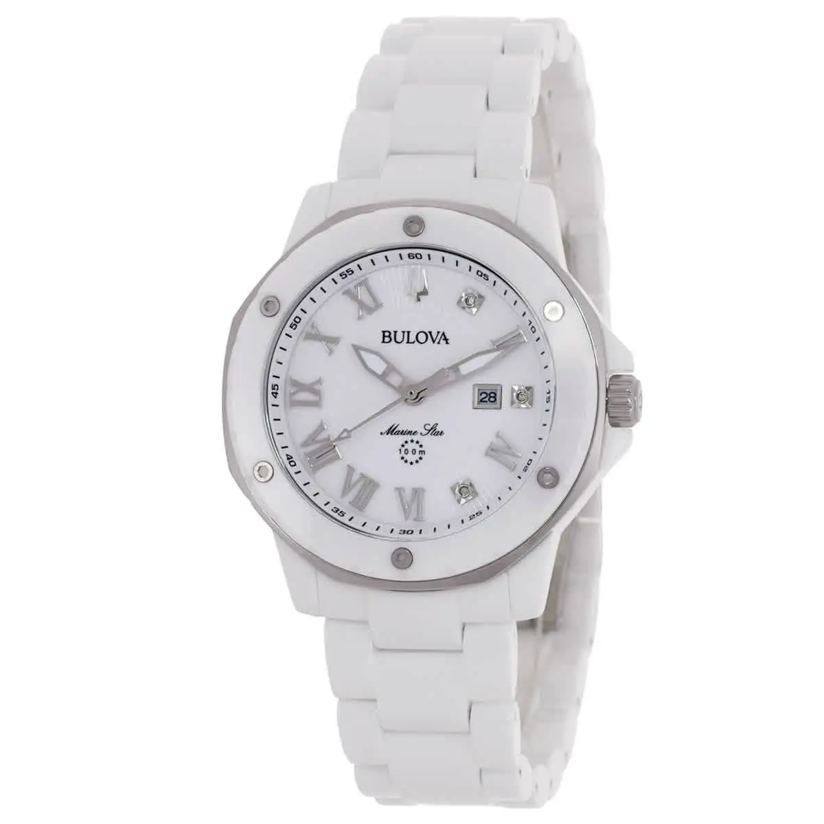 Bulova Marc Anthony Marine Star Quartz Diamond White Dial Ladies Watch 98P222 - Dial: White, Band: White, Bezel: White