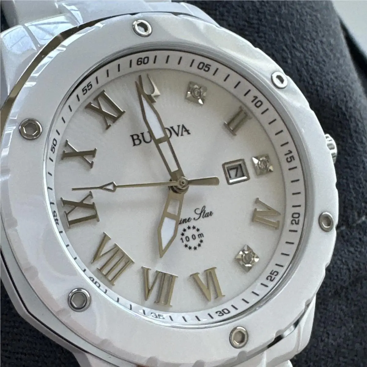Bulova Women`s Marine Star Marc Anthony Quartz Ceramic White Watch 36MM 98P222 - Dial: White, Band: White