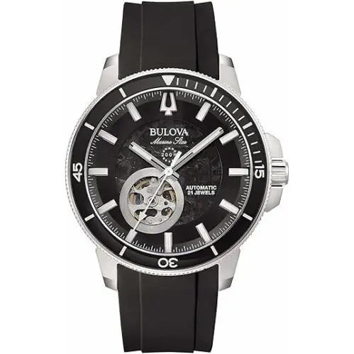Bulova Marine Star Collection Automatic Winding 45MM Men`s Watch 96A288 - Dial: Black, Band: Black, Bezel: Black