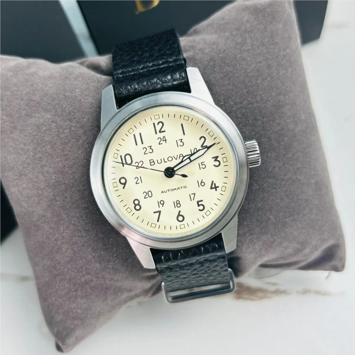 Bulova Men`s Classic Hack Watch 96A246 Ivory Dial Black Leather Automatic Watch